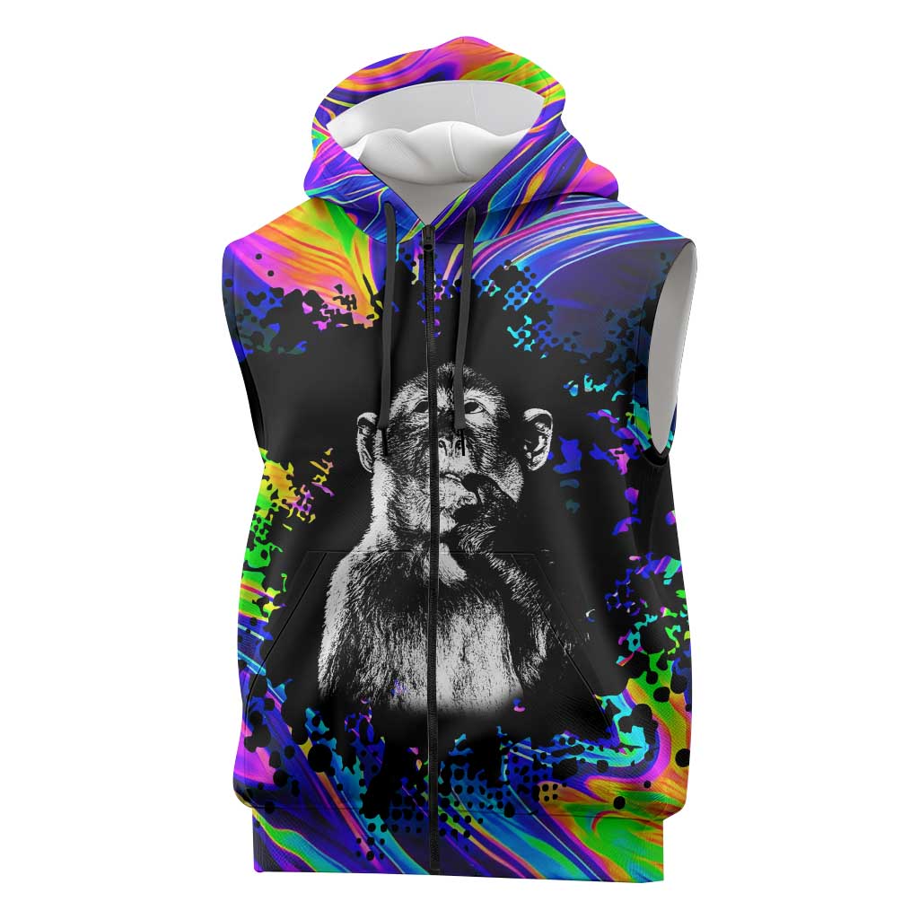Funny Psychedelic Monkey Thinker Sleeveless Zip Hoodie Trippy Curiosity Vibes