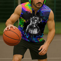 Funny Psychedelic Monkey Thinker Sleeveless Zip Hoodie Trippy Curiosity Vibes