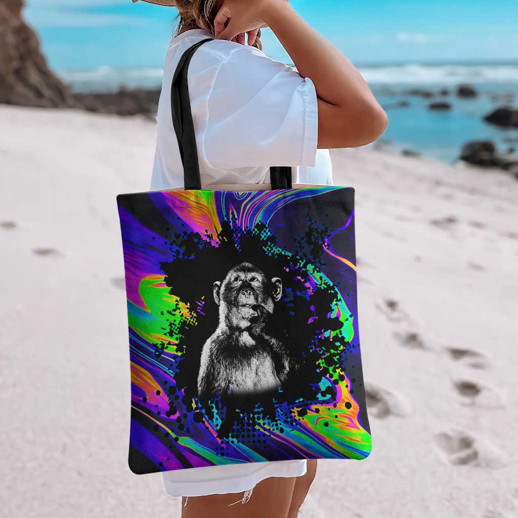 Funny Psychedelic Monkey Thinker Tote Bag Trippy Curiosity Vibes