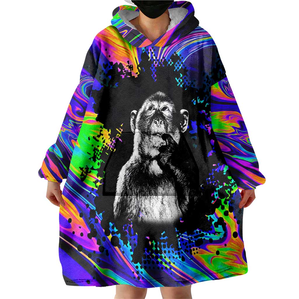 Funny Psychedelic Monkey Thinker Wearable Blanket Hoodie Trippy Curiosity Vibes