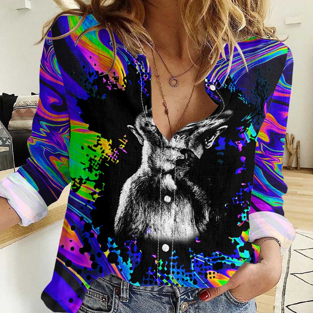 Funny Psychedelic Monkey Thinker Women Casual Shirt Trippy Curiosity Vibes