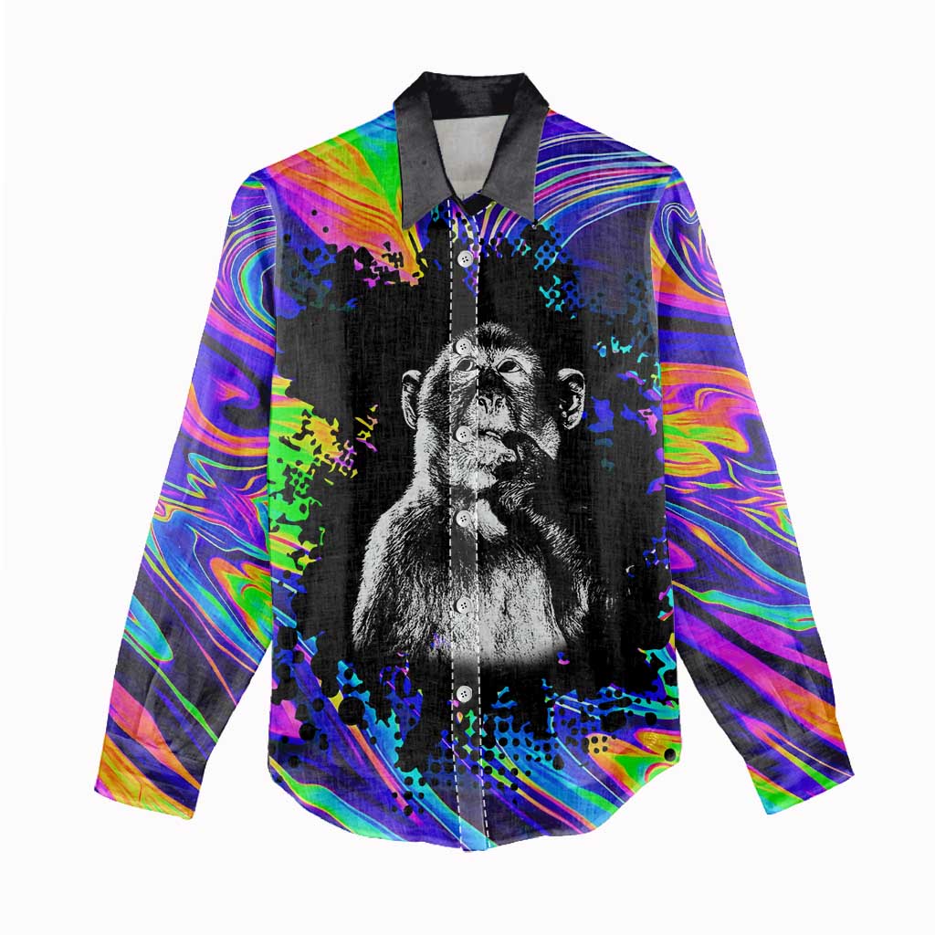 Funny Psychedelic Monkey Thinker Women Casual Shirt Trippy Curiosity Vibes
