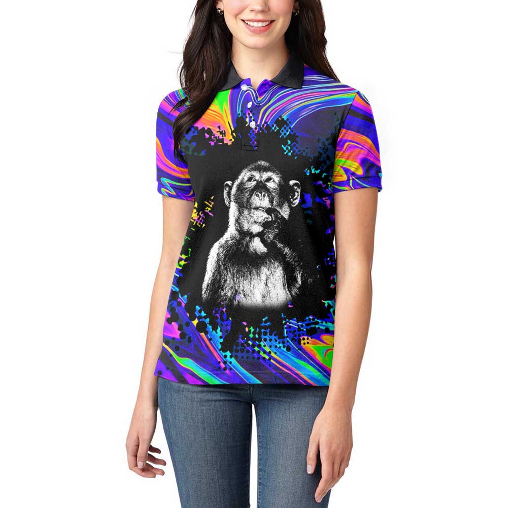 Funny Psychedelic Monkey Thinker Women Polo Shirt Trippy Curiosity Vibes