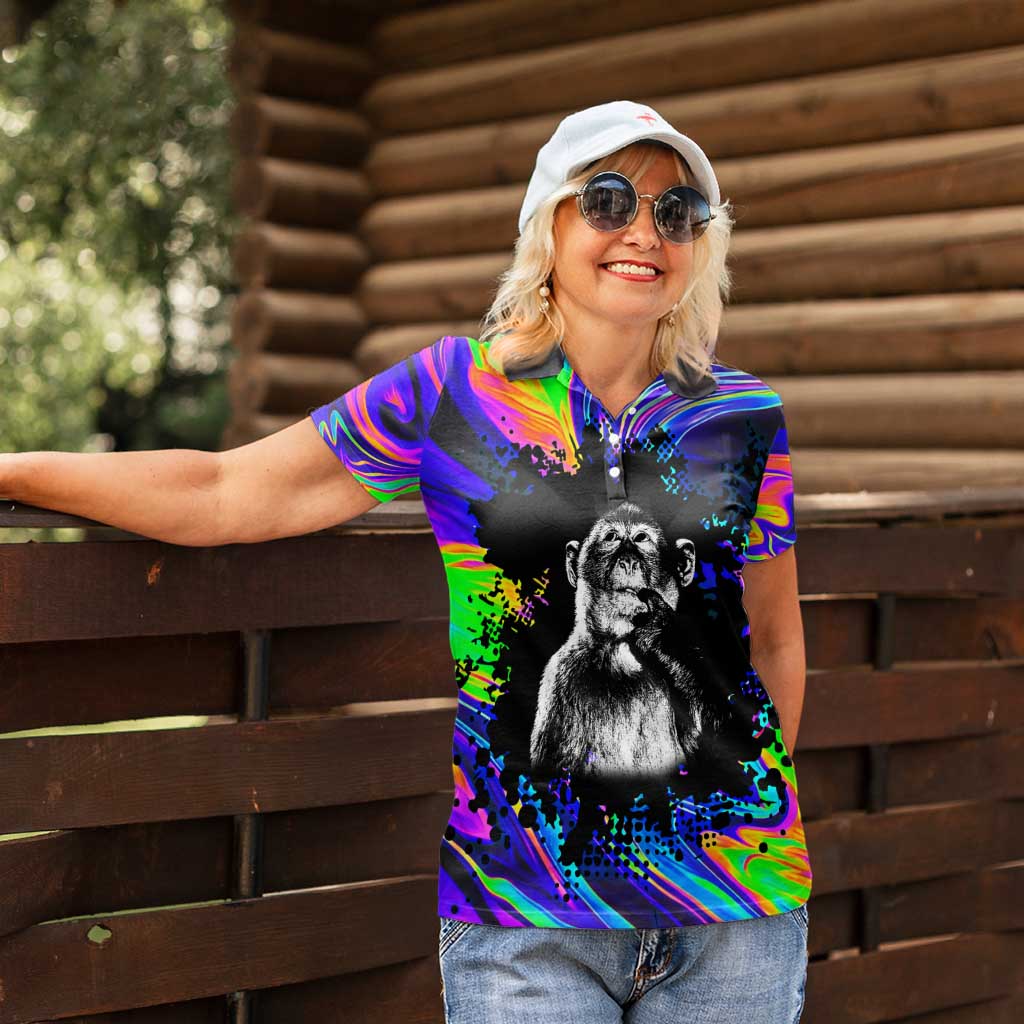 Funny Psychedelic Monkey Thinker Women Polo Shirt Trippy Curiosity Vibes