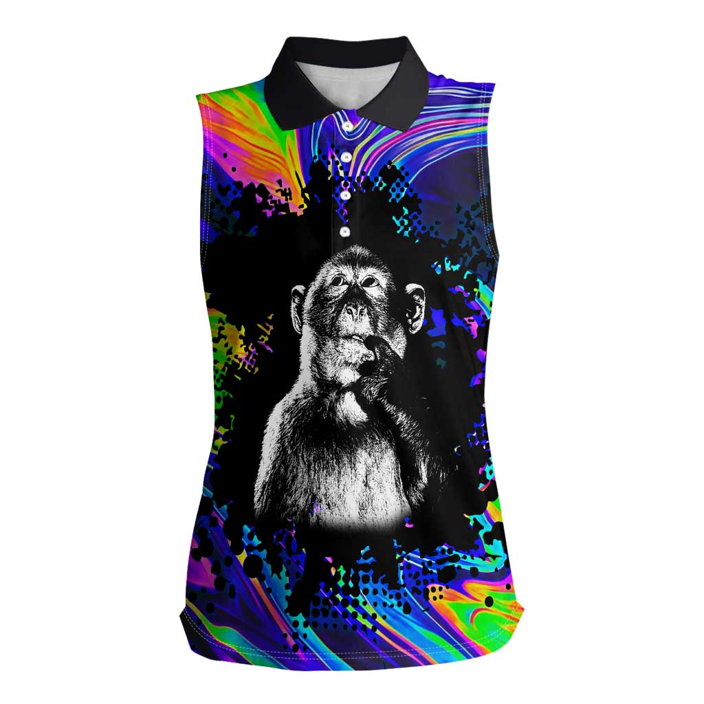 Funny Psychedelic Monkey Thinker Women Sleeveless Polo Shirt Trippy Curiosity Vibes