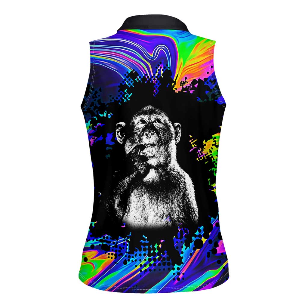 Funny Psychedelic Monkey Thinker Women Sleeveless Polo Shirt Trippy Curiosity Vibes