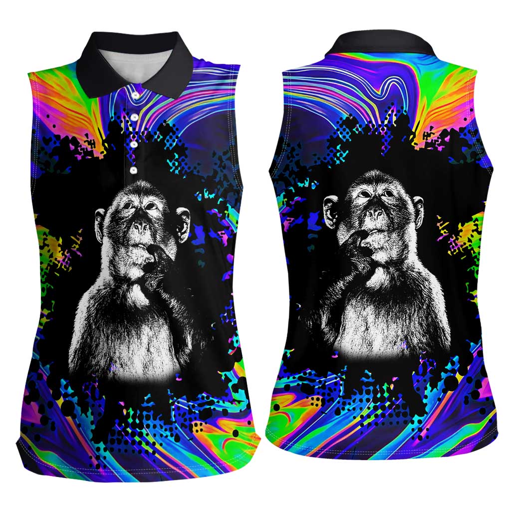 Funny Psychedelic Monkey Thinker Women Sleeveless Polo Shirt Trippy Curiosity Vibes