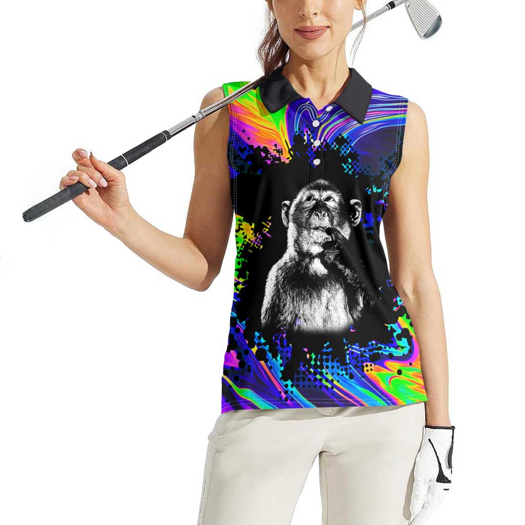 Funny Psychedelic Monkey Thinker Women Sleeveless Polo Shirt Trippy Curiosity Vibes