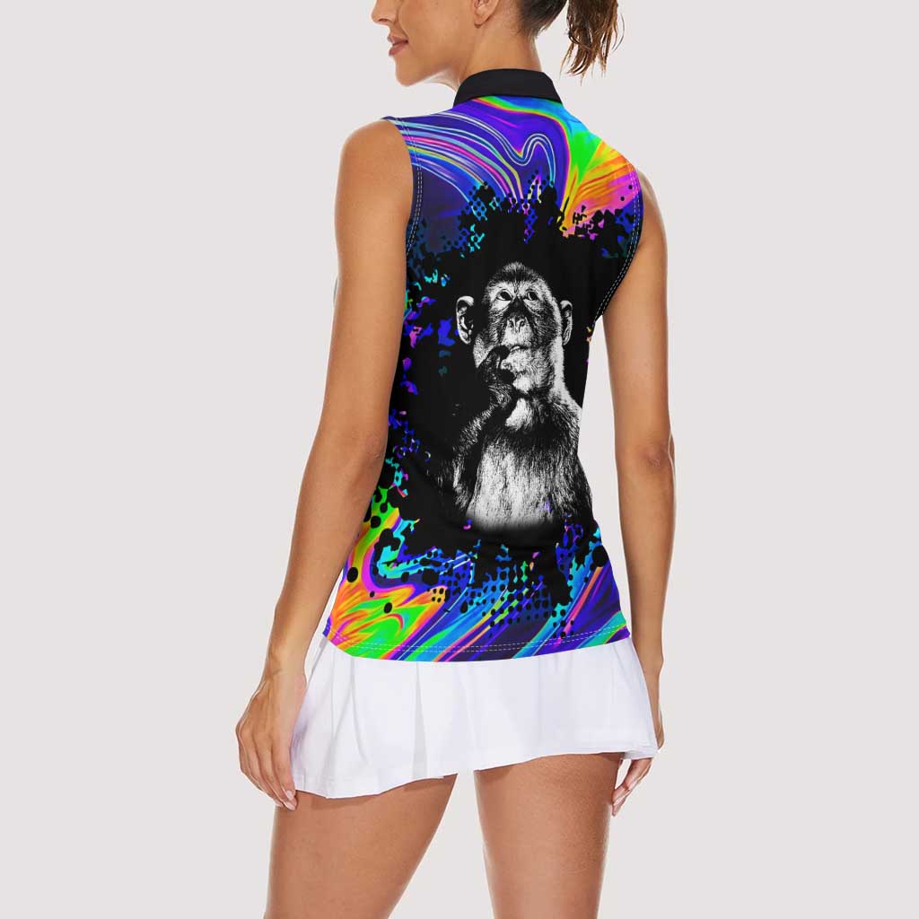 Funny Psychedelic Monkey Thinker Women Sleeveless Polo Shirt Trippy Curiosity Vibes