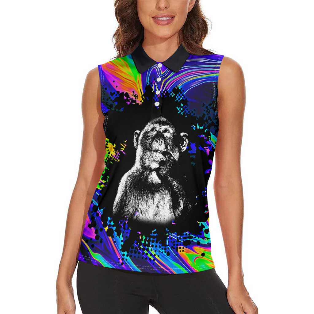 Funny Psychedelic Monkey Thinker Women Sleeveless Polo Shirt Trippy Curiosity Vibes