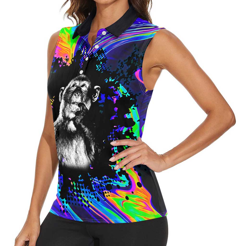 Funny Psychedelic Monkey Thinker Women Sleeveless Polo Shirt Trippy Curiosity Vibes