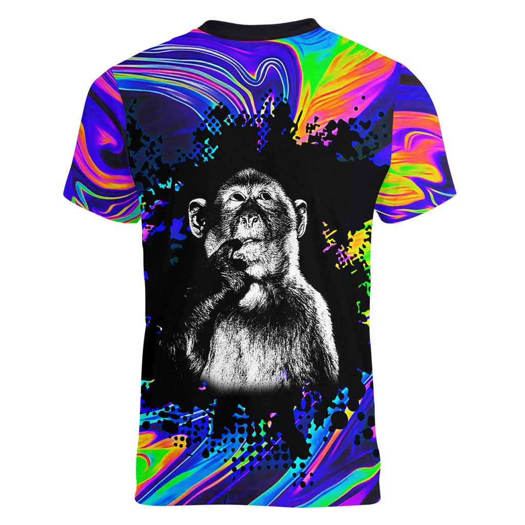 Funny Psychedelic Monkey Thinker Women V-Neck T-Shirt Trippy Curiosity Vibes