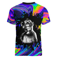 Funny Psychedelic Monkey Thinker Women V-Neck T-Shirt Trippy Curiosity Vibes