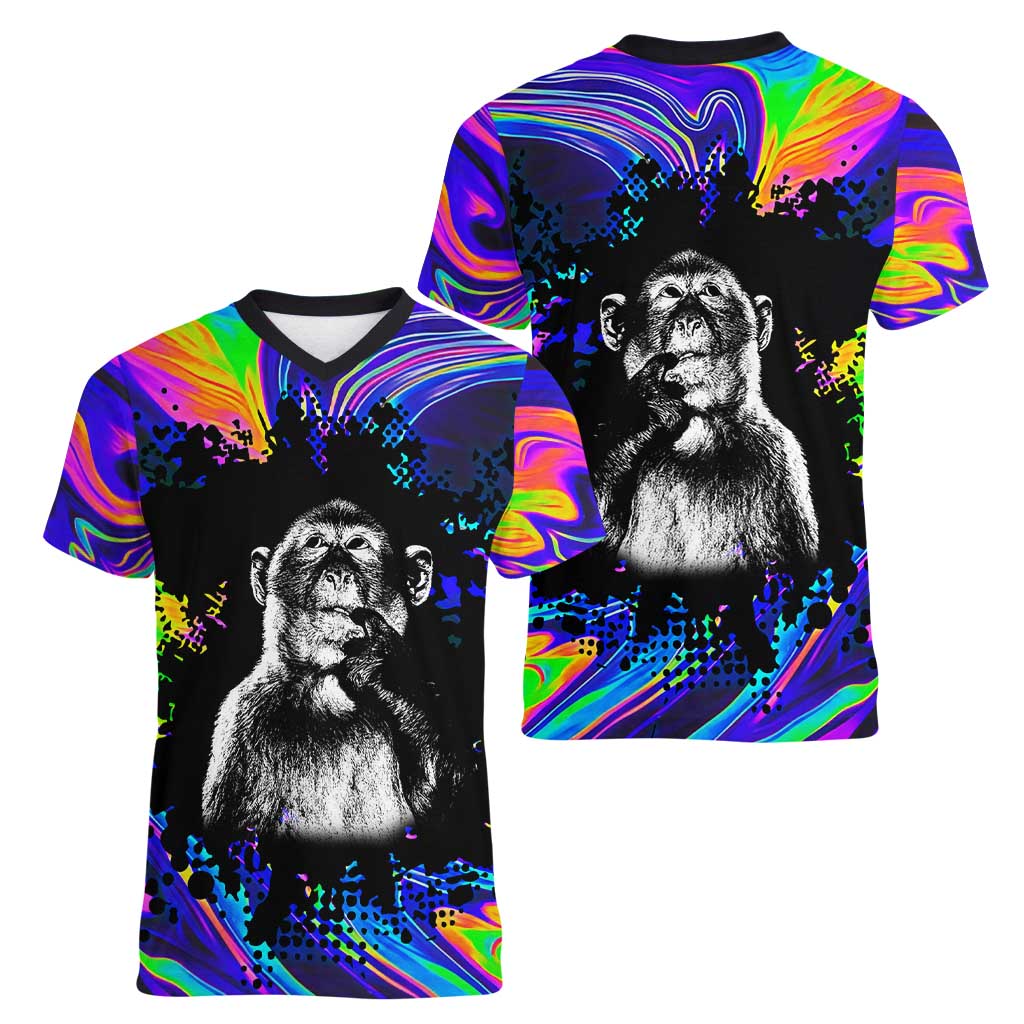 Funny Psychedelic Monkey Thinker Women V-Neck T-Shirt Trippy Curiosity Vibes