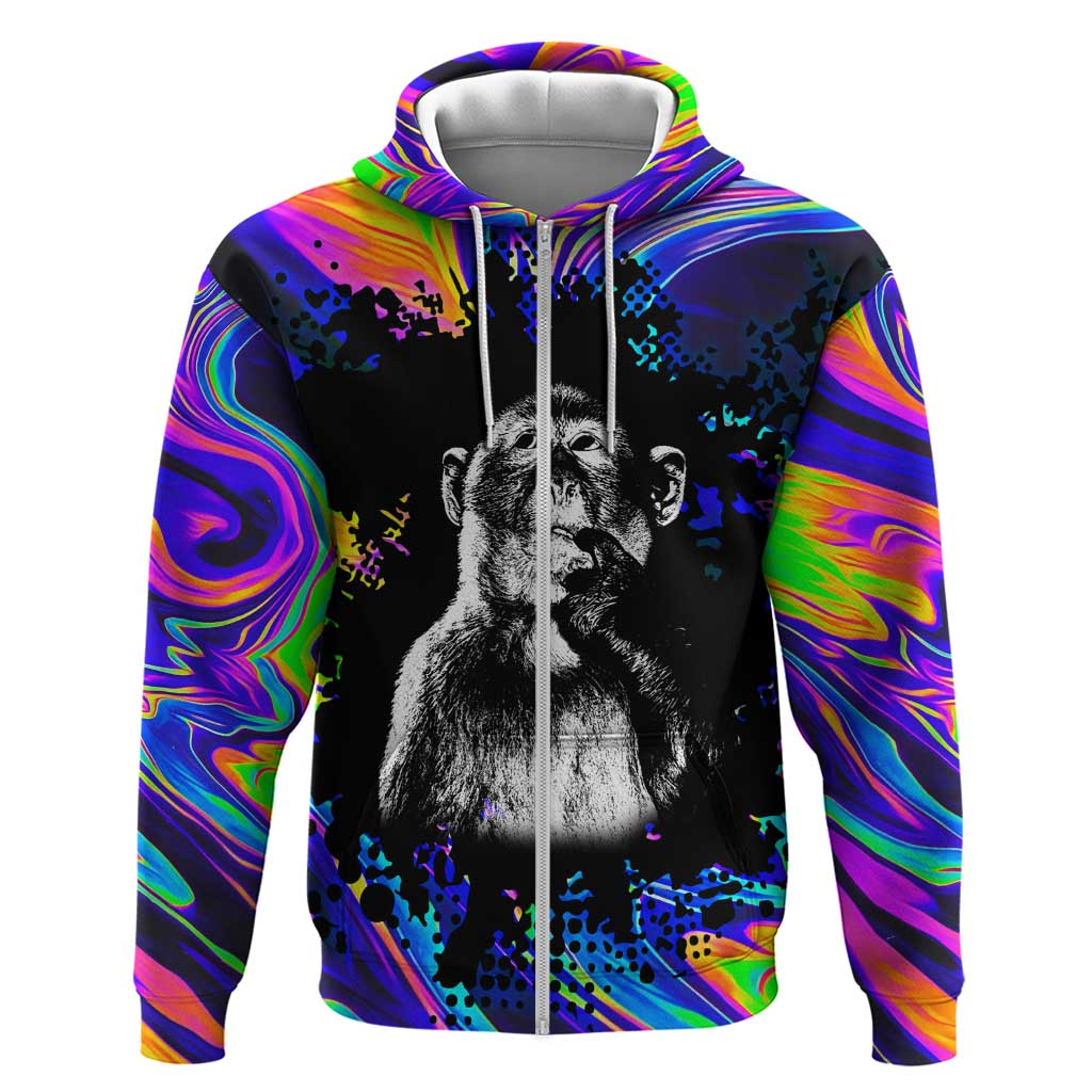 Funny Psychedelic Monkey Thinker Zip Hoodie Trippy Curiosity Vibes