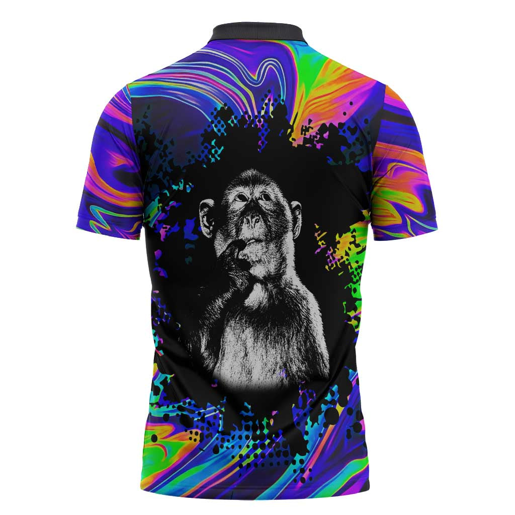 Funny Psychedelic Monkey Thinker Zipper Polo Shirt Trippy Curiosity Vibes