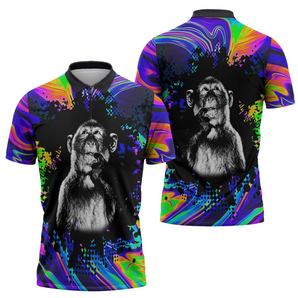 Funny Psychedelic Monkey Thinker Zipper Polo Shirt Trippy Curiosity Vibes