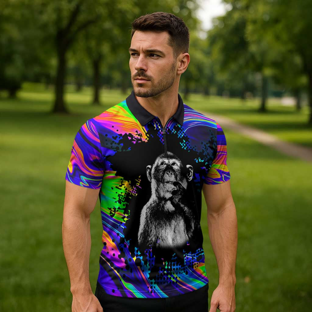 Funny Psychedelic Monkey Thinker Zipper Polo Shirt Trippy Curiosity Vibes