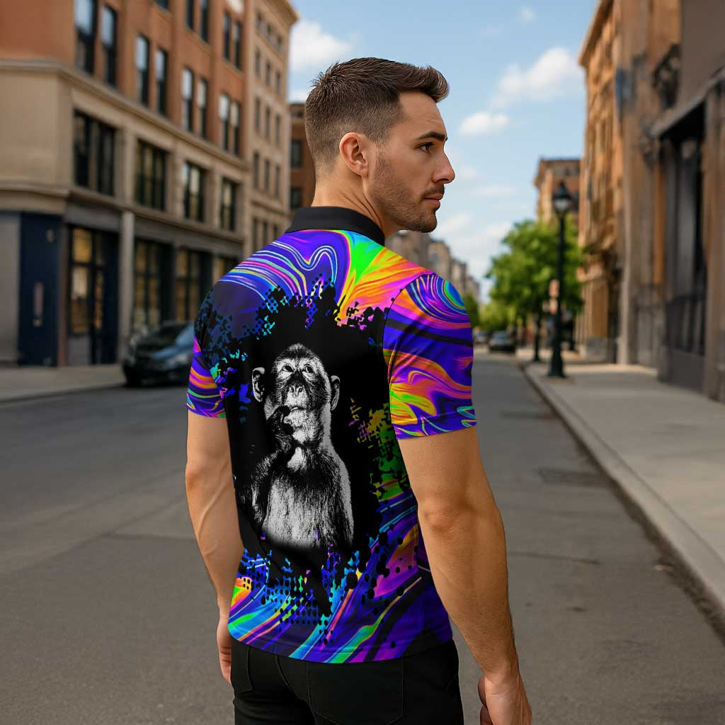 Funny Psychedelic Monkey Thinker Zipper Polo Shirt Trippy Curiosity Vibes
