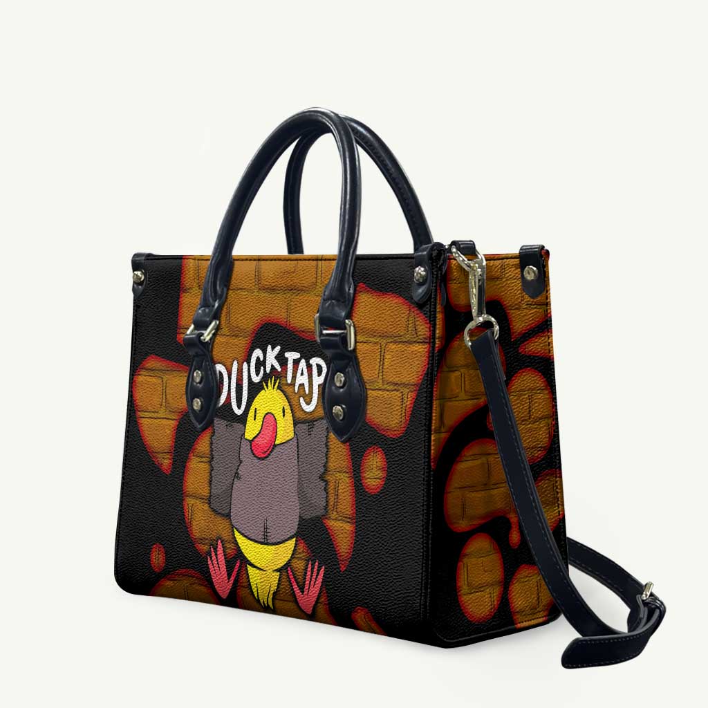 Funny Duck Tape Pun Art Leather Bag Quirky Cartoon Duck Humor
