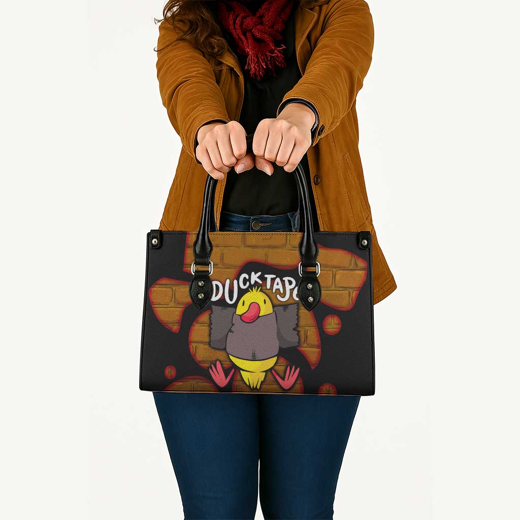 Funny Duck Tape Pun Art Leather Bag Quirky Cartoon Duck Humor