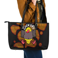 Funny Duck Tape Pun Art Leather Tote Bag Quirky Cartoon Duck Humor