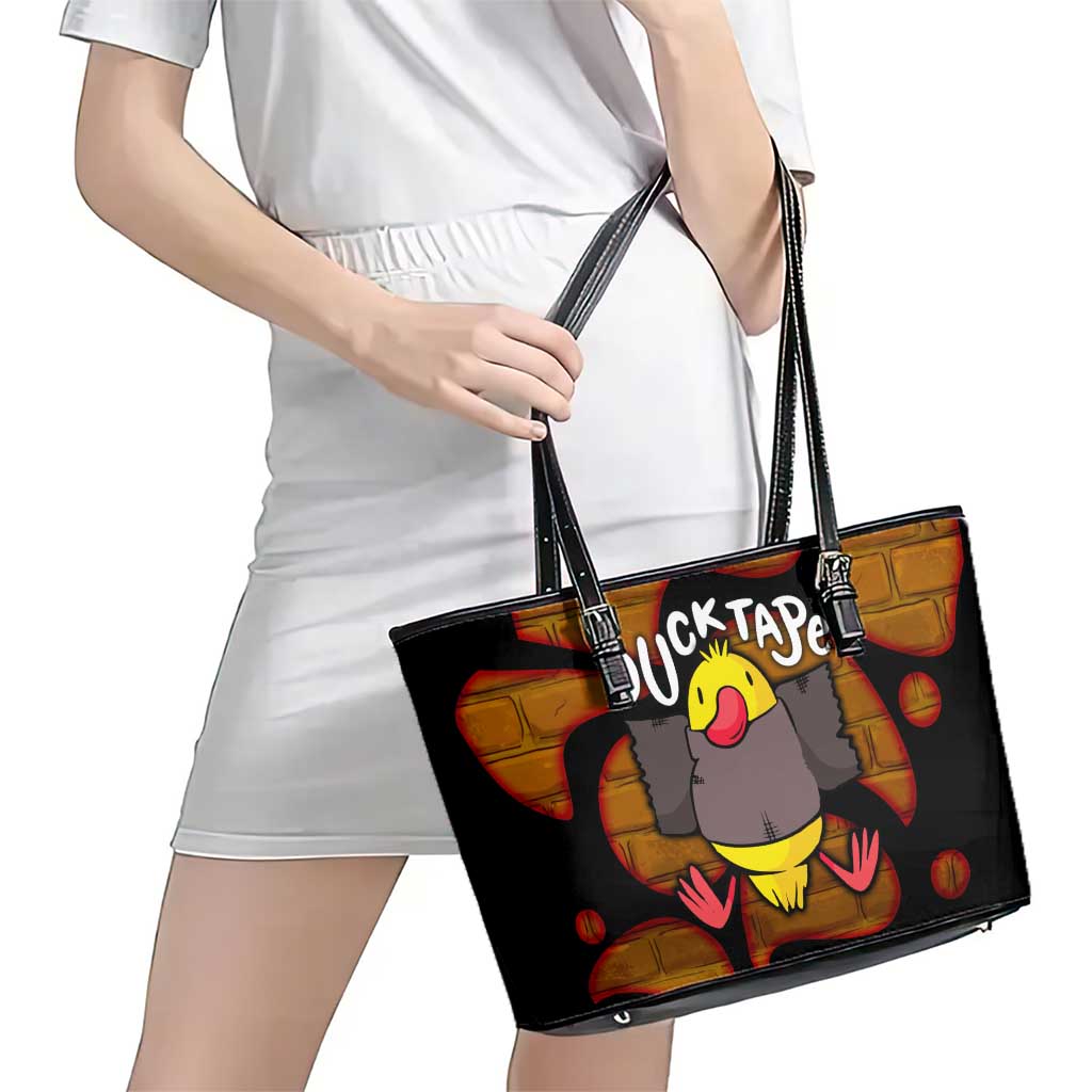 Funny Duck Tape Pun Art Leather Tote Bag Quirky Cartoon Duck Humor