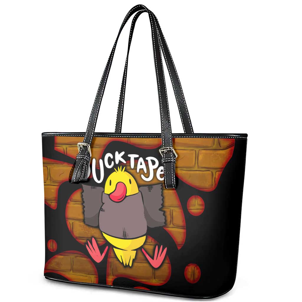 Funny Duck Tape Pun Art Leather Tote Bag Quirky Cartoon Duck Humor
