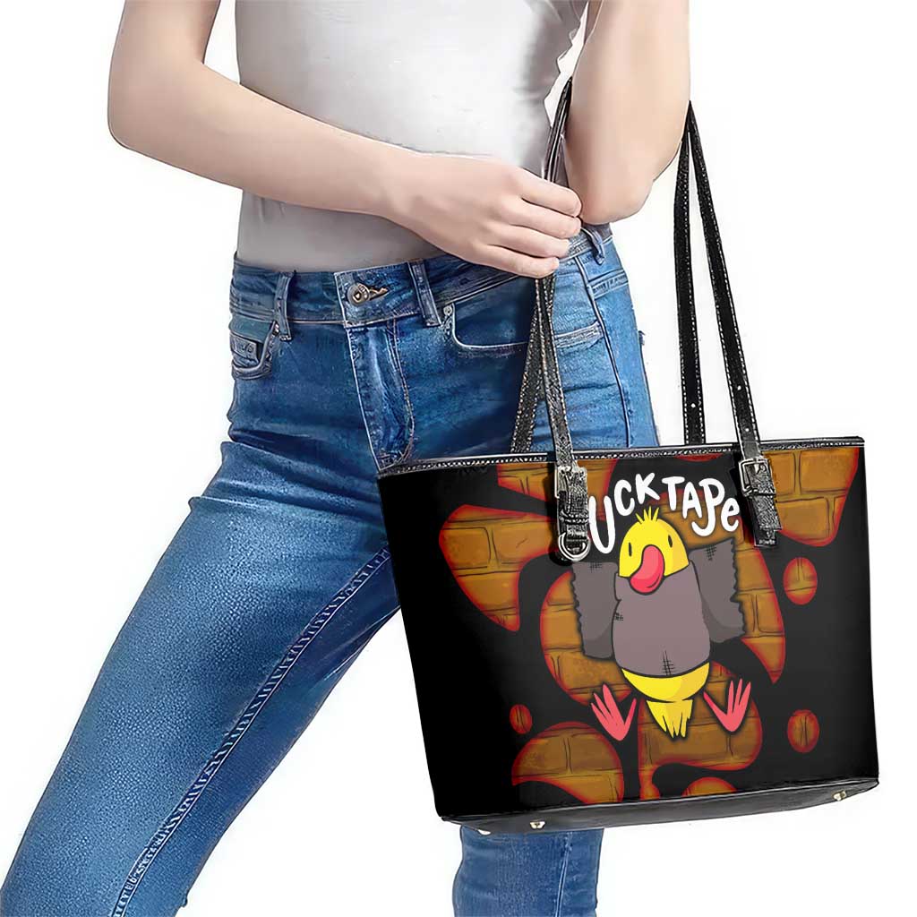 Funny Duck Tape Pun Art Leather Tote Bag Quirky Cartoon Duck Humor