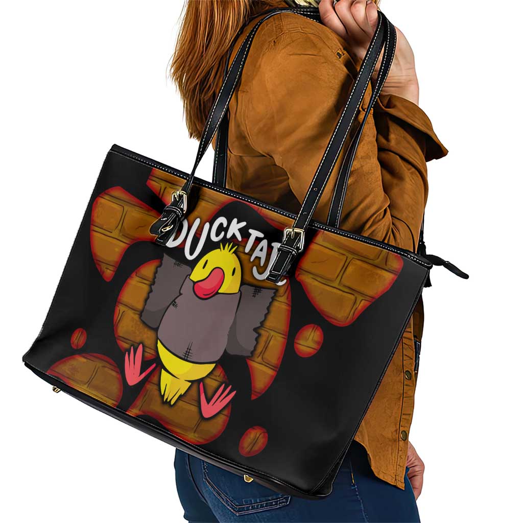 Funny Duck Tape Pun Art Leather Tote Bag Quirky Cartoon Duck Humor