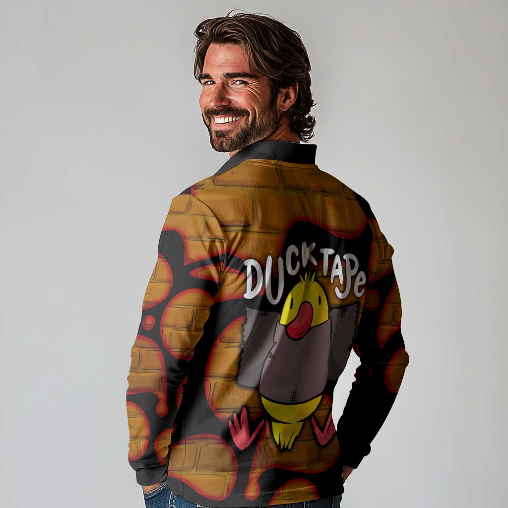 Funny Duck Tape Pun Art Long Sleeve Polo Shirt Quirky Cartoon Duck Humor