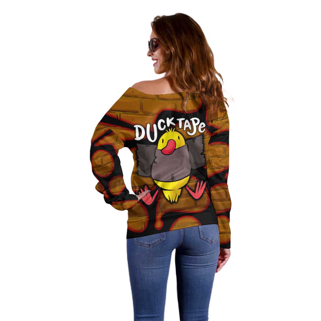 Funny Duck Tape Pun Art Off Shoulder Sweater Quirky Cartoon Duck Humor