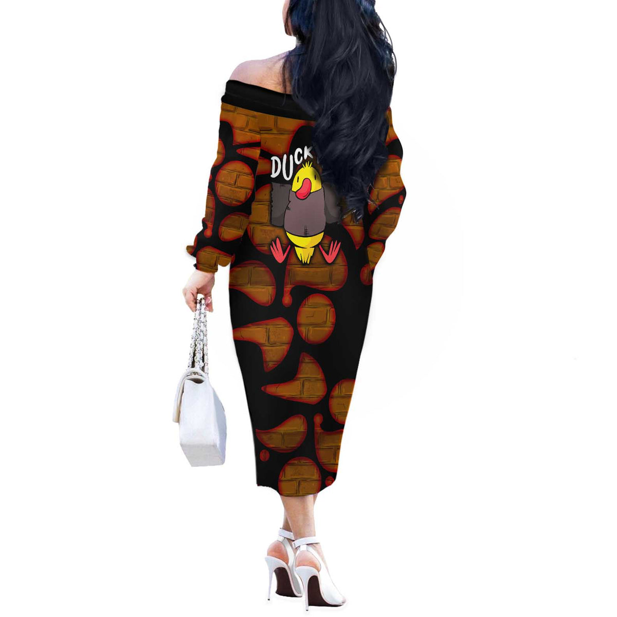 Funny Duck Tape Pun Art Off The Shoulder Long Sleeve Dress Quirky Cartoon Duck Humor
