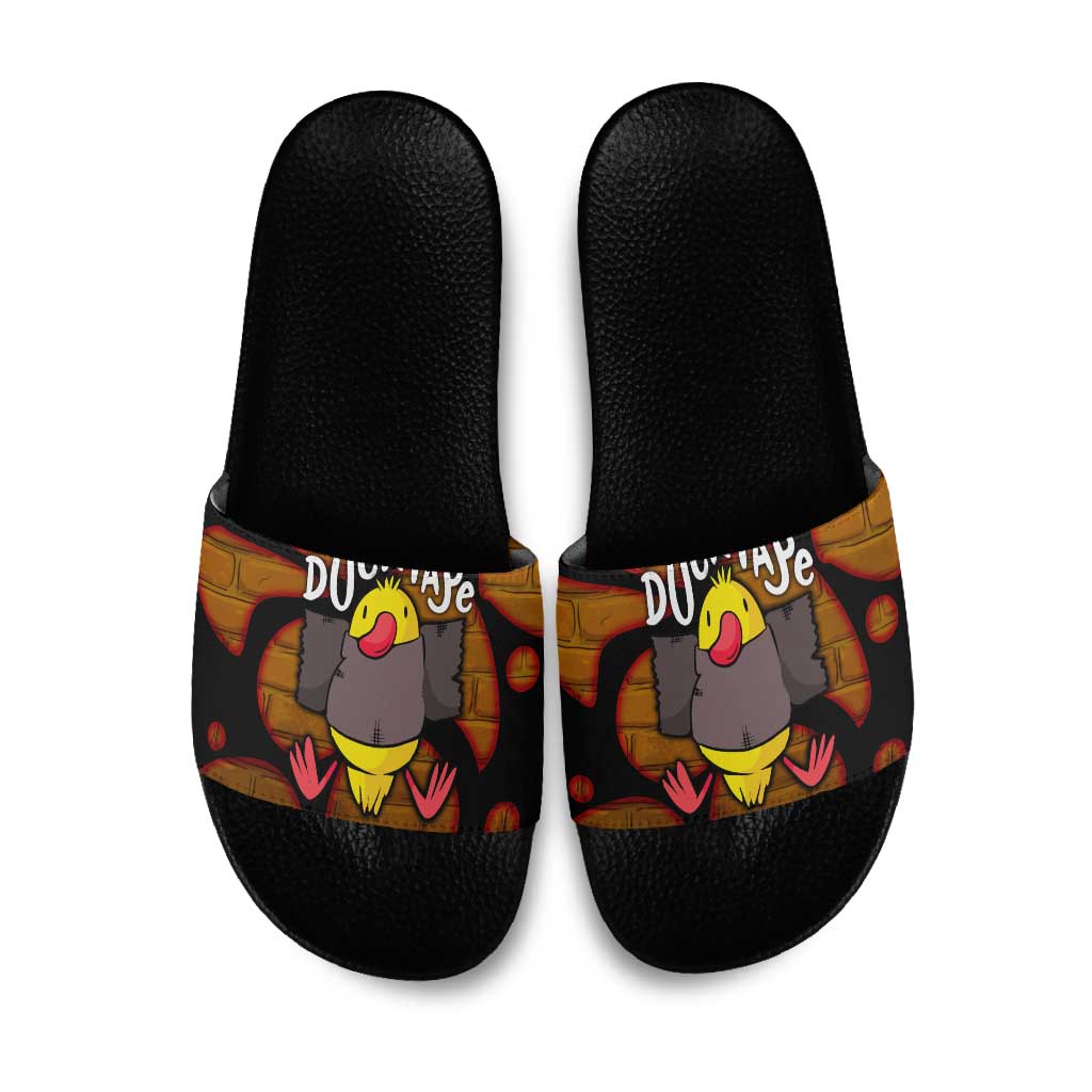 Funny Duck Tape Pun Art Slide Sandals Quirky Cartoon Duck Humor