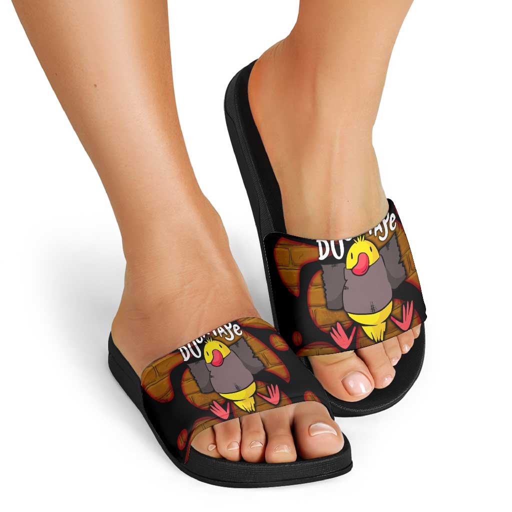 Funny Duck Tape Pun Art Slide Sandals Quirky Cartoon Duck Humor