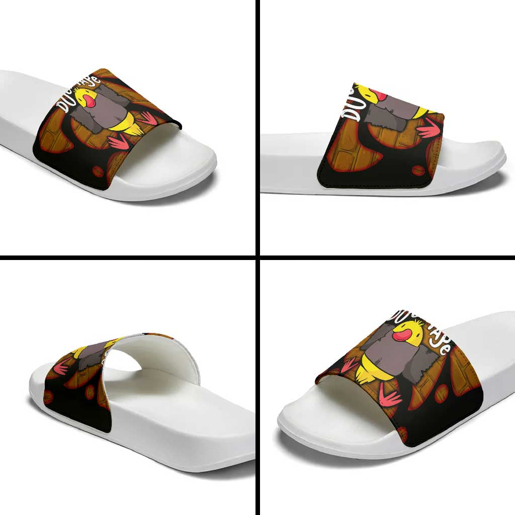 Funny Duck Tape Pun Art Slide Sandals Quirky Cartoon Duck Humor