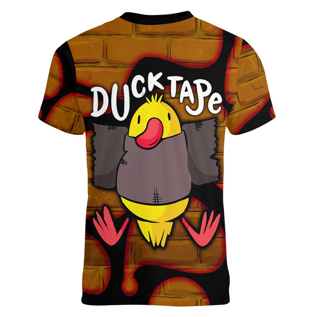 Funny Duck Tape Pun Art Women V-Neck T-Shirt Quirky Cartoon Duck Humor
