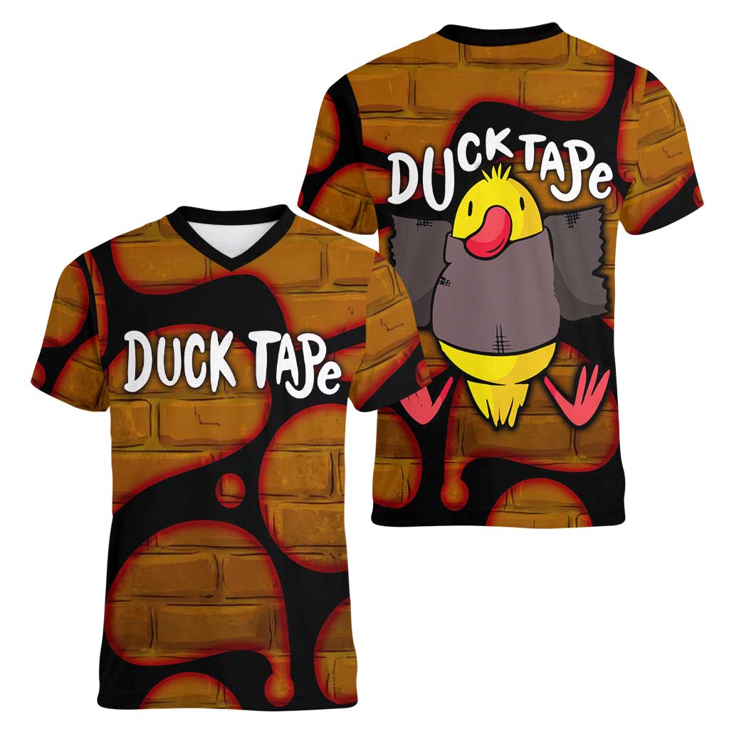 Funny Duck Tape Pun Art Women V-Neck T-Shirt Quirky Cartoon Duck Humor