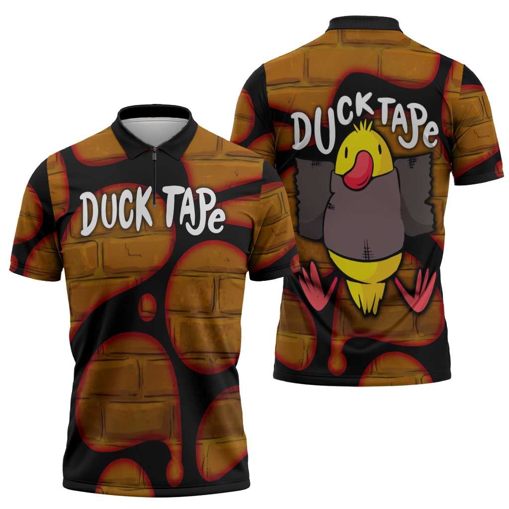 Funny Duck Tape Pun Art Zipper Polo Shirt Quirky Cartoon Duck Humor