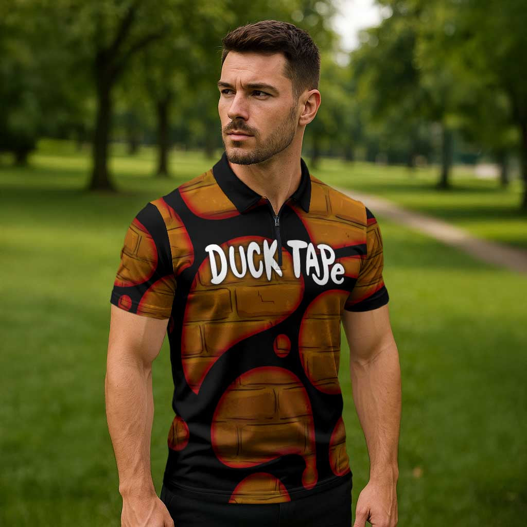 Funny Duck Tape Pun Art Zipper Polo Shirt Quirky Cartoon Duck Humor