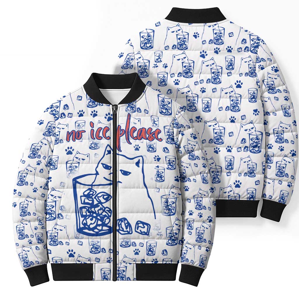 No Ice Please Cat Bomber Puffer Jacket Grumpy Cat with Drink Humor