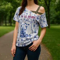 No Ice Please Cat Cross Shoulder Shirt Grumpy Cat with Drink Humor