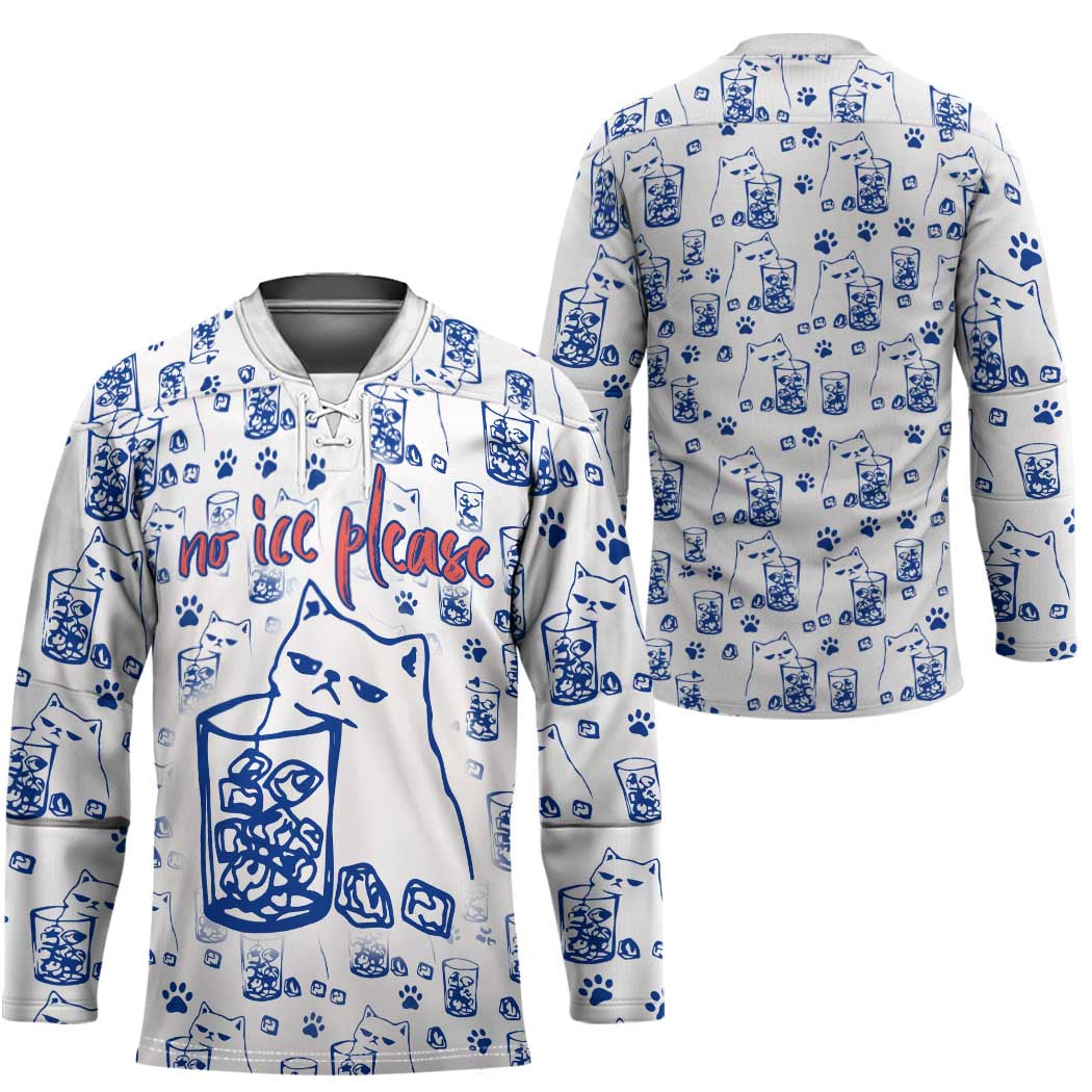 No Ice Please Cat Hockey Jersey Grumpy Cat with Drink Humor