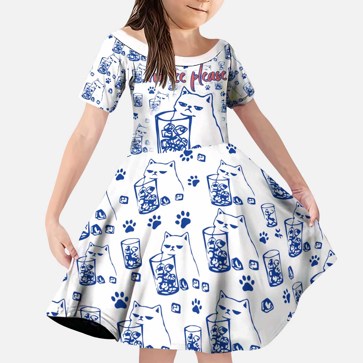 No Ice Please Cat Kid Short Sleeve Dress Grumpy Cat with Drink Humor
