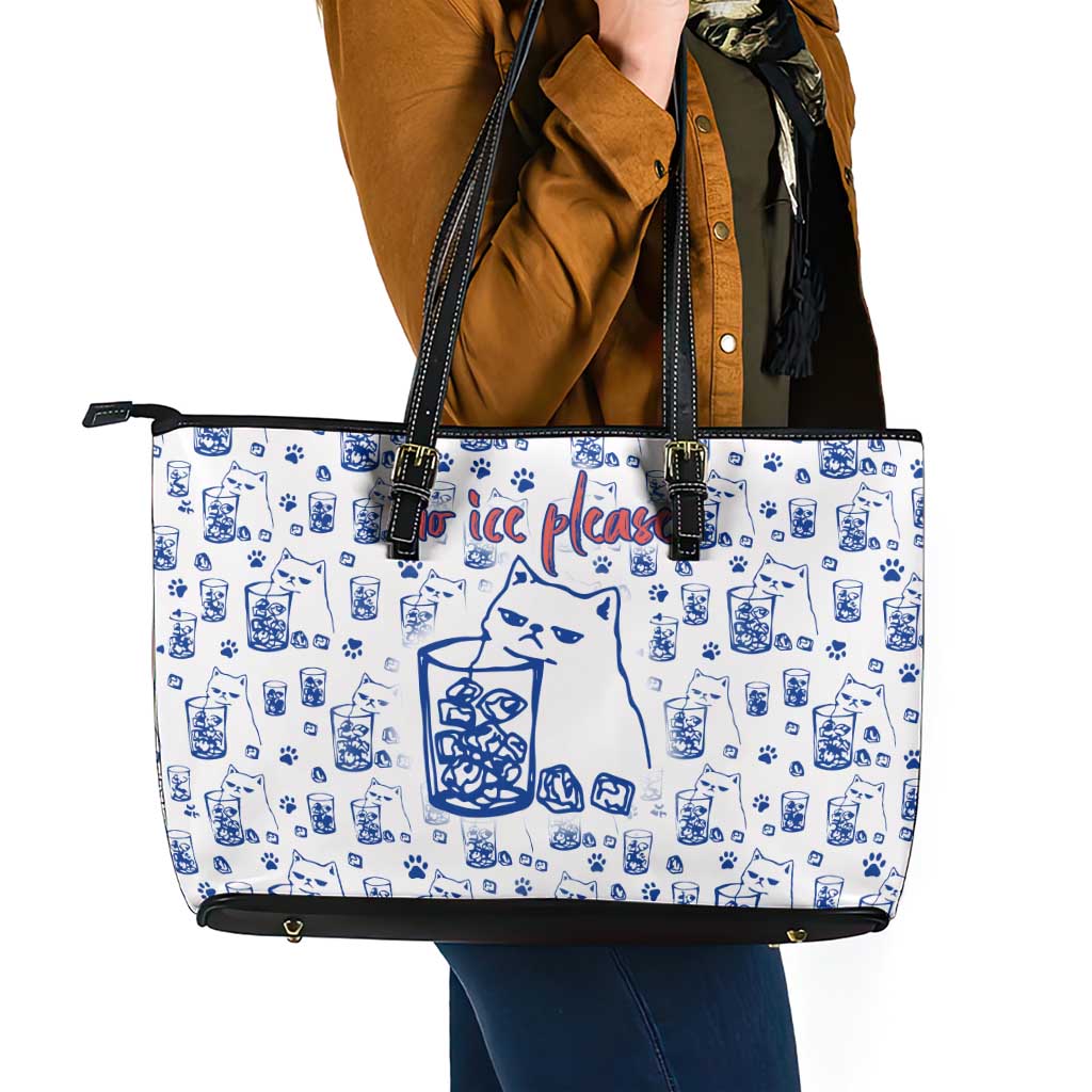 No Ice Please Cat Leather Tote Bag Grumpy Cat with Drink Humor