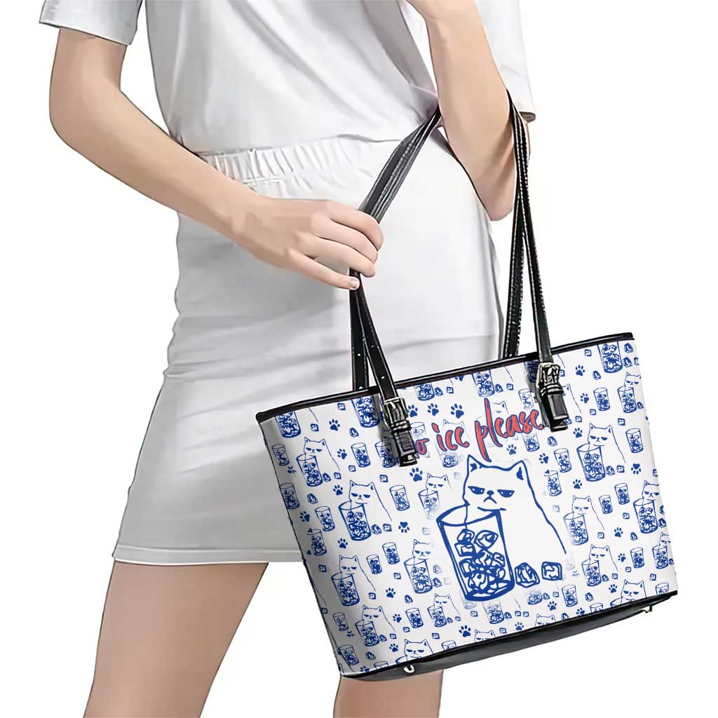 No Ice Please Cat Leather Tote Bag Grumpy Cat with Drink Humor