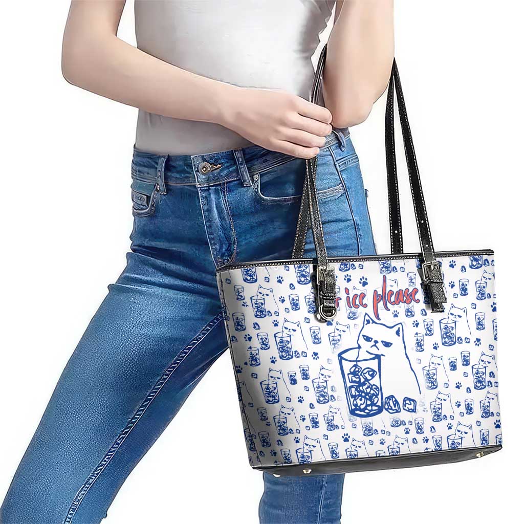 No Ice Please Cat Leather Tote Bag Grumpy Cat with Drink Humor