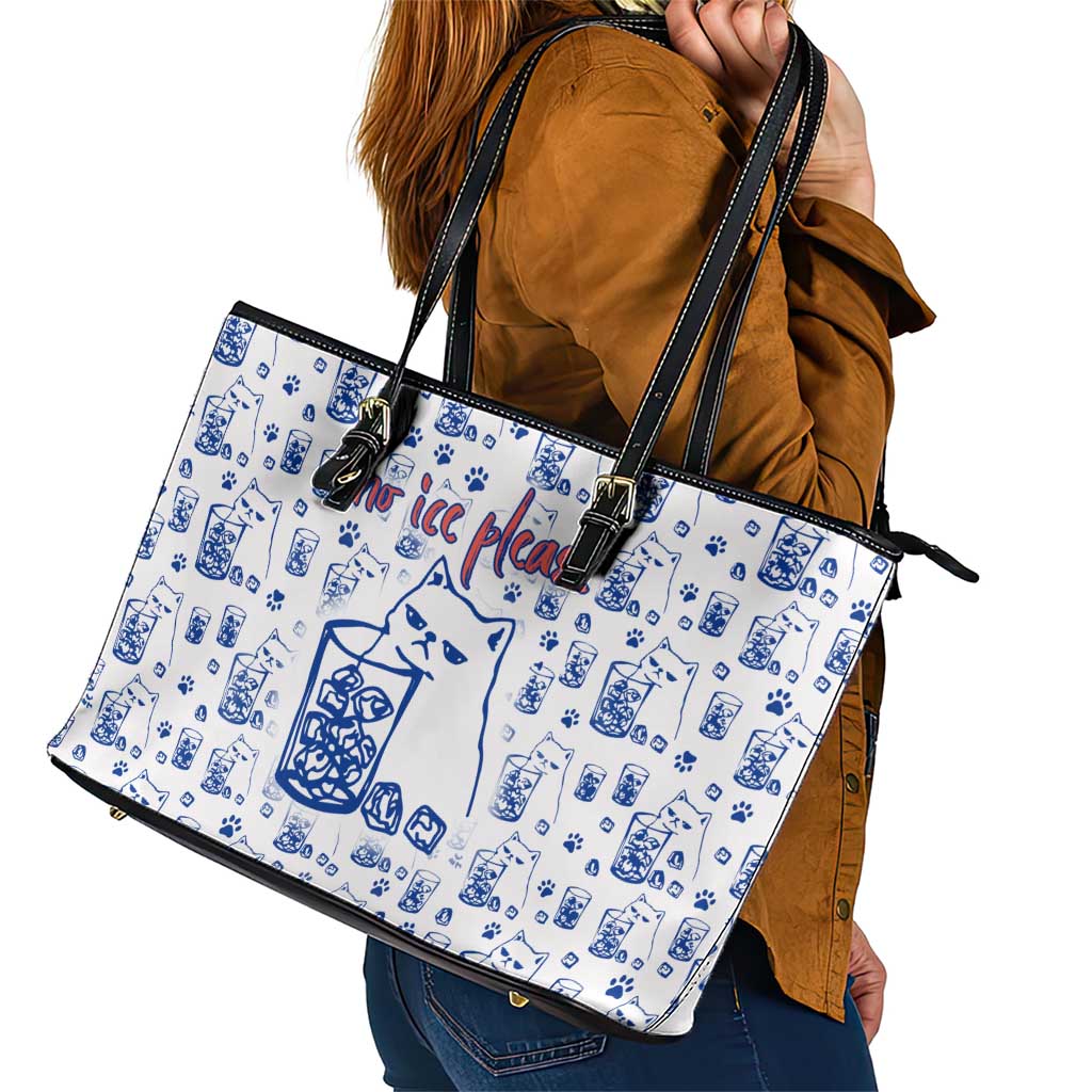 No Ice Please Cat Leather Tote Bag Grumpy Cat with Drink Humor