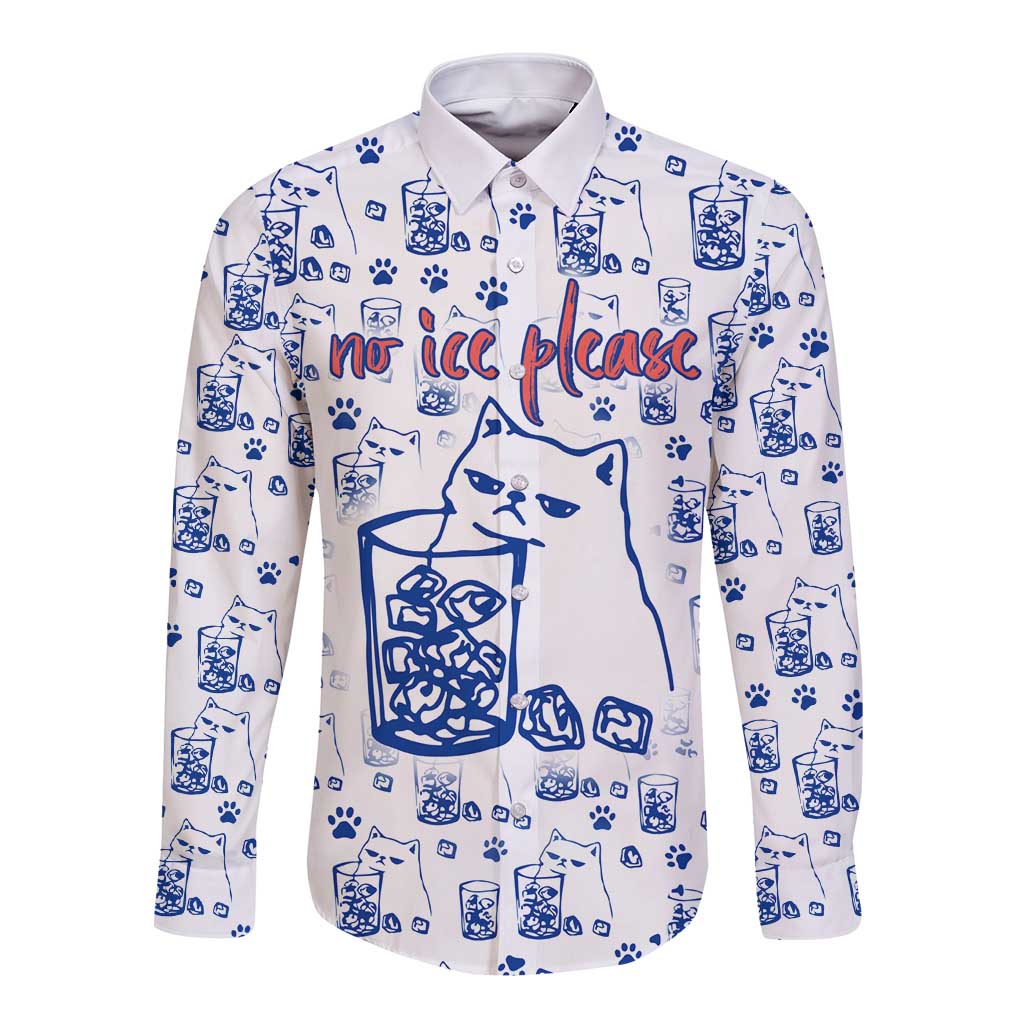 No Ice Please Cat Long Sleeve Button Shirt Grumpy Cat with Drink Humor