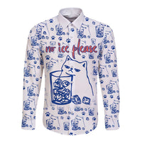 No Ice Please Cat Long Sleeve Button Shirt Grumpy Cat with Drink Humor